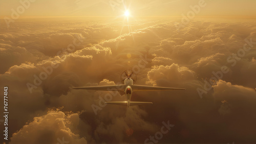 Aircraft flying through cumulus clouds in the sky during sunset