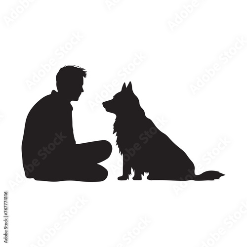 dog and owner silhouette clipart on a white black