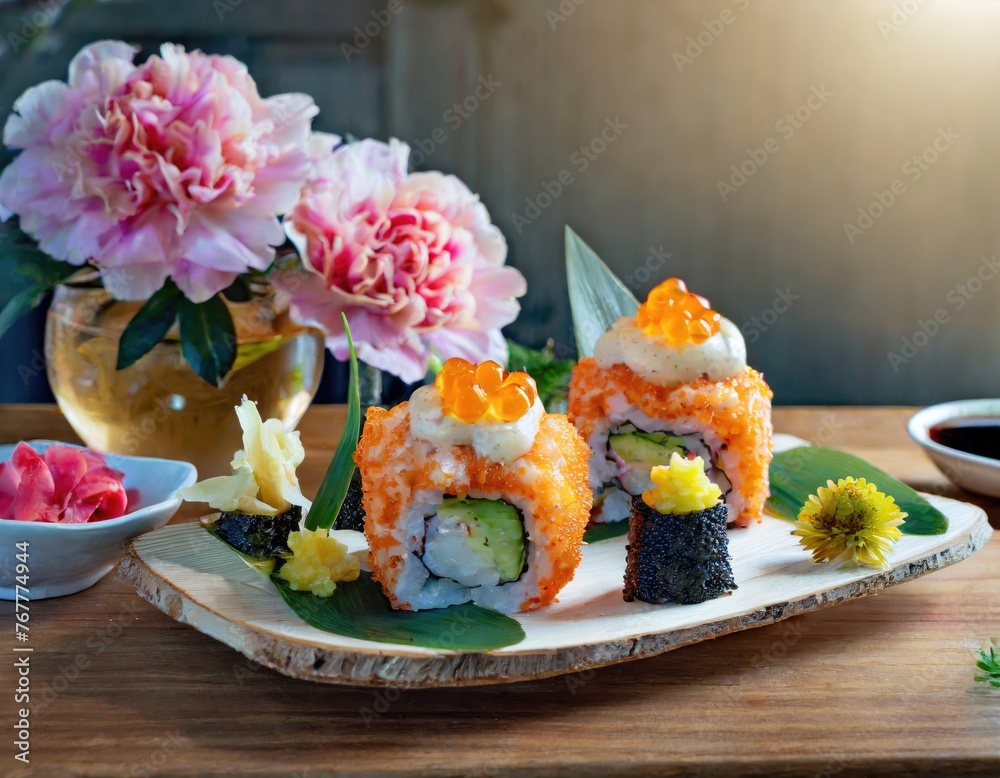 Close up of a California roll sushi dish on a table Close up of a California roll sushi dish on a table