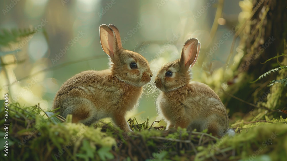 In a warm forest clearing, two adorable rabbits seem to whisper to each other, sharing a secretive and affectionate exchange. In a warm forest clearing, two adorable rabbits seem to whisper to each other, sharing a secretive and affectionate exchange.