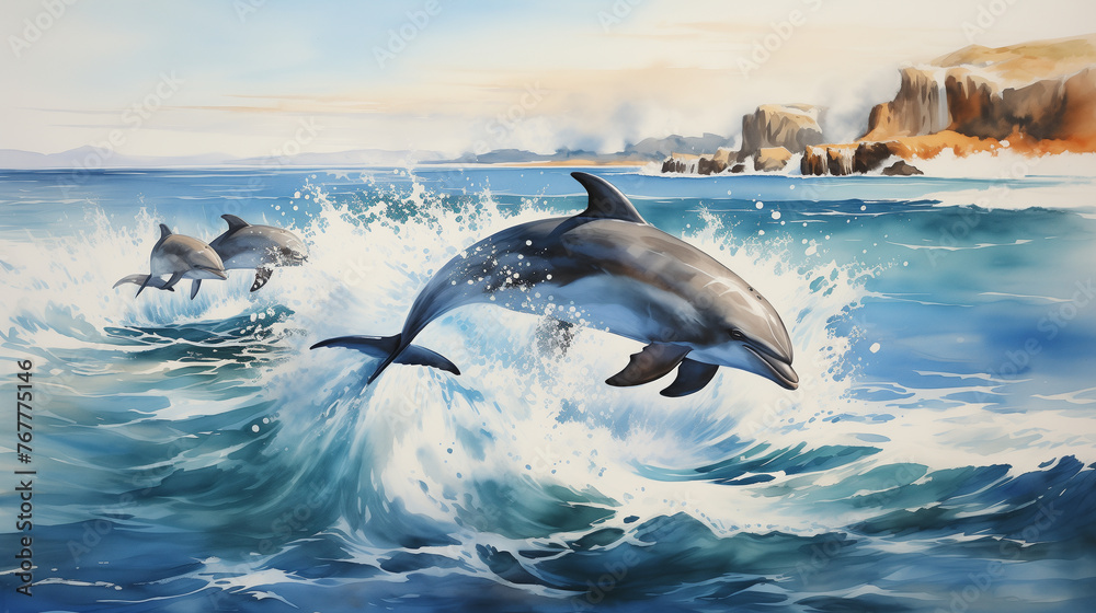 Fototapeta premium A digital painting of Dolphins in mid-leap over the cresting waves of the ocean with the spirit of marine life's playful essence.