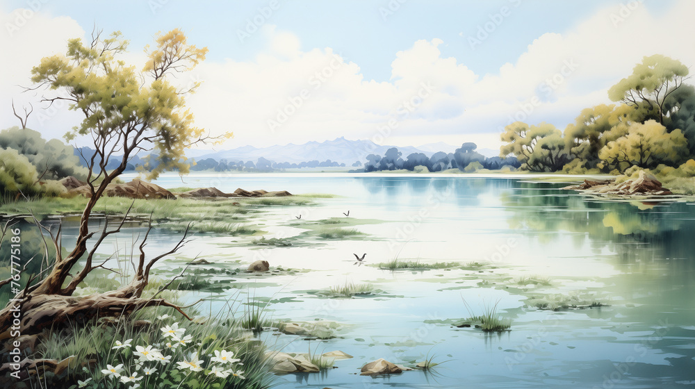 Digital painting of a river flowing gently past banks adorned with flourishing trees and rocks, under a soft cloud sky. Digital painting of a river flowing gently past banks adorned with flourishing trees and rocks, under a soft cloud sky.