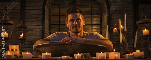 Man in spa center with candles and lit light waiting for client.