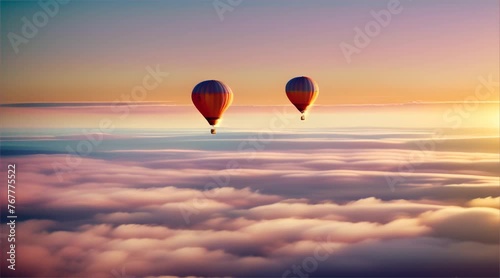 A colorful hot air balloon drifts high in the sky at sunset, casting a red silhouette against the vibrant clouds photo