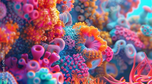 Complex coral-like structures in vibrant 3D render. Dive into a digital ocean with this intricate 3D render that resembles vibrant, coral-like structures in a rainbow of colors