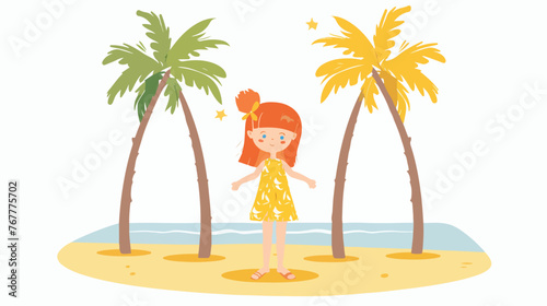 Little red-haired girl cute child standing on tropical beach 