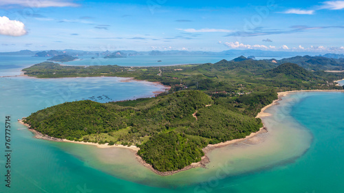 Aerial view Panorama of mountain and long beach, Andaman Sea in the summer season