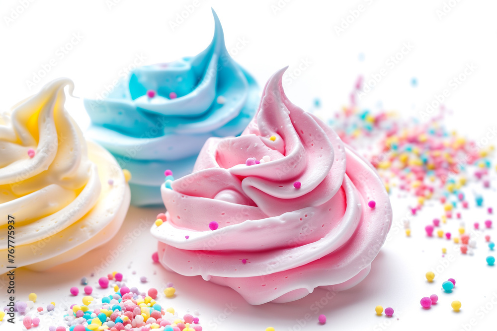 multi-colored meringue with cream on a white background multi-colored meringue with cream on a white background