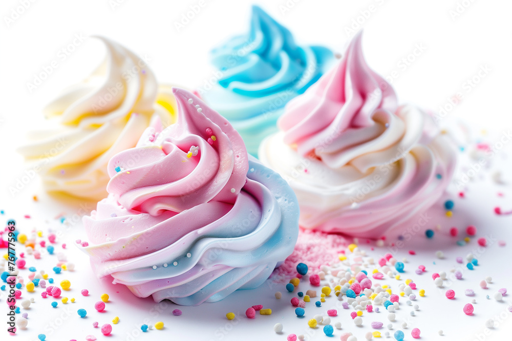 multi-colored meringue with cream on a white background multi-colored meringue with cream on a white background