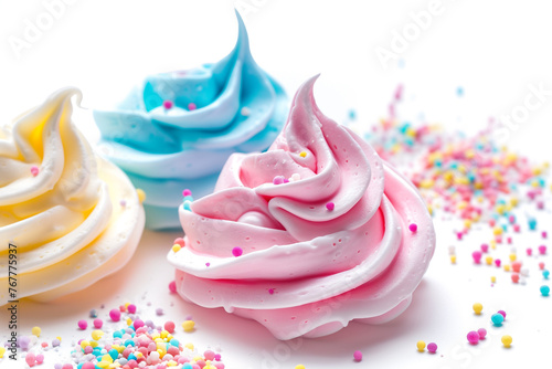 multi-colored meringue with cream on a white background