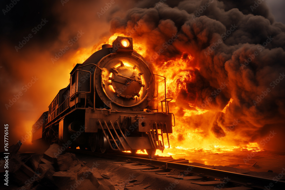illustration of a burning steam locomotive - railway accident - obrazy, fototapety, plakaty 