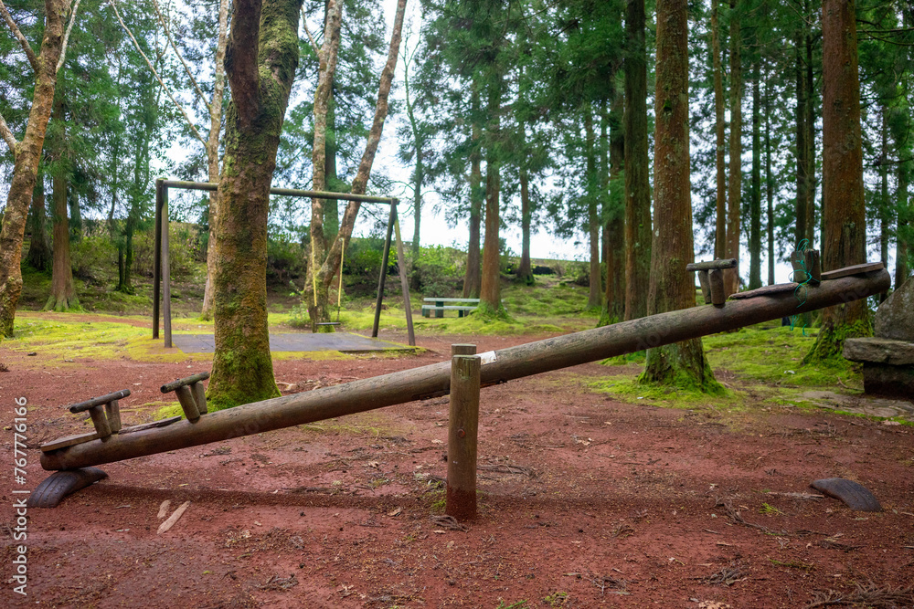 Rustic wooden swing set in a tranquil picnic area, inviting visitors to relax and enjoy nature's charm.