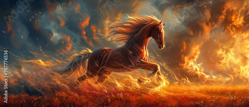 An ethereal digital painting of a majestic stallion rearing in a fiery landscape detailed muscles and mane highlighted against the dramatic sky