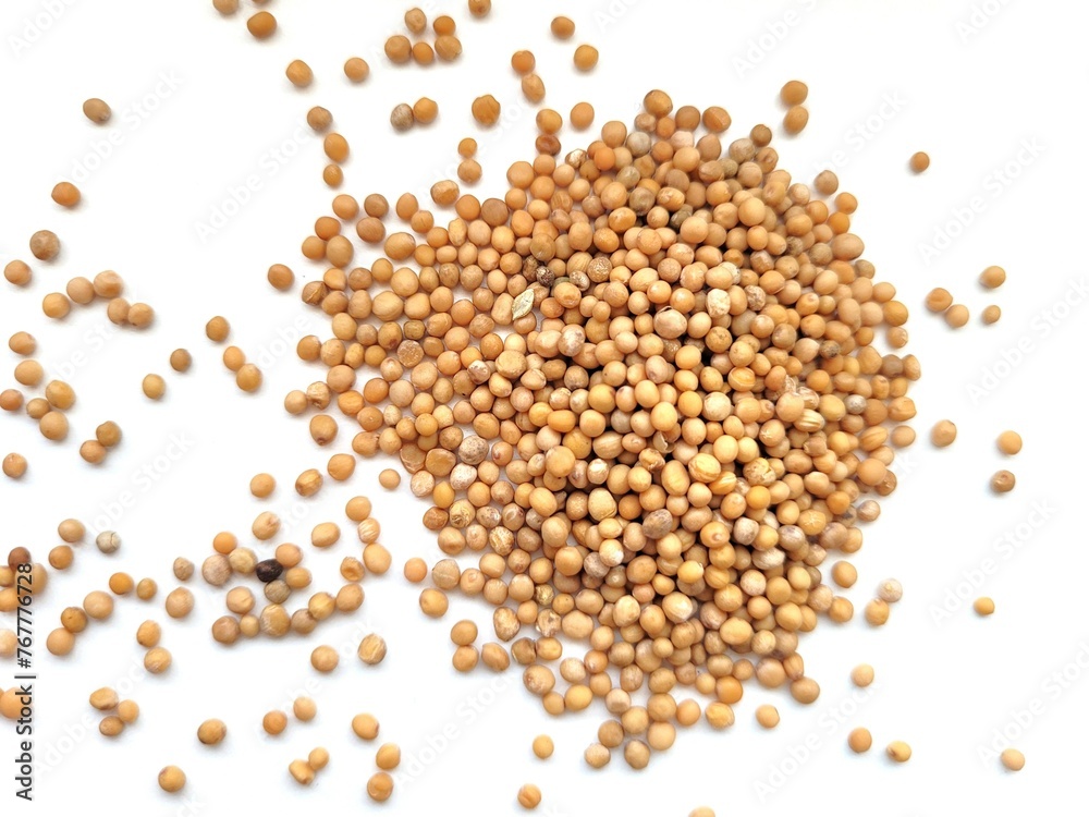 Aromatic pile of mustard seeds on white background. Aromatic pile of mustard seeds on white background.
