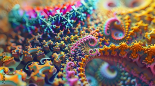 Colorful fractal graphics resembling microorganisms. The design exhibits vibrant fractal graphics reminiscent of fantastical microbial shapes