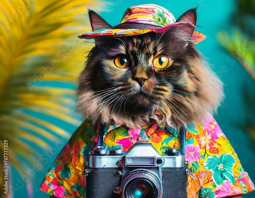 Lond haired cat wearing colorful Hawaiian shirt taking photographs with a vintage style camera photo