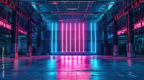 Dark large warehouse turned TV studio, cool Neon blue and pink light 
