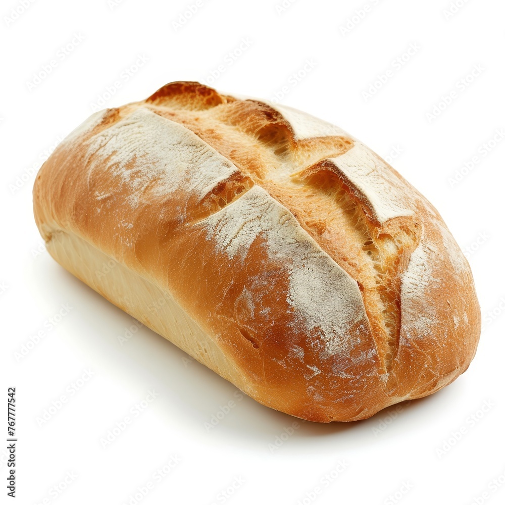 Artisanal golden-brown bread loaf with a scored crust, isolated on white.