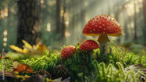 A poisonous red mushroom in the forest with a small mushroom baby next to it. photo