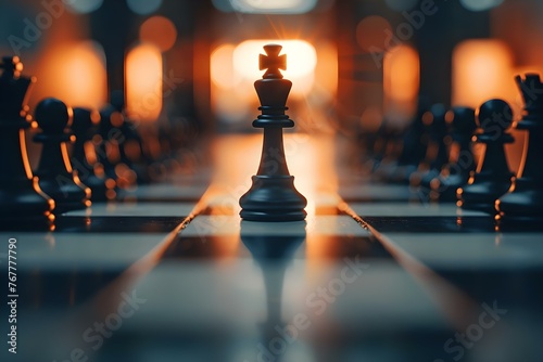 A chess board with business pieces symbolizing competition strategy advantage and marketing in a conceptual setting. Concept Business strategy, Competition, Marketing, Chess, Conceptual setting