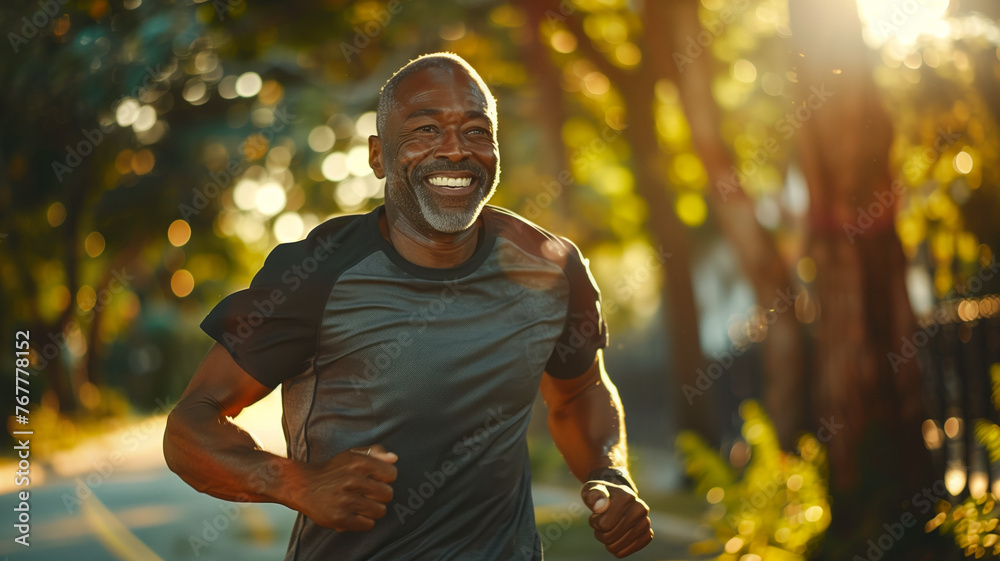 Fototapeta premium Smiling middle-aged man enjoying a sunny morning run in the park.