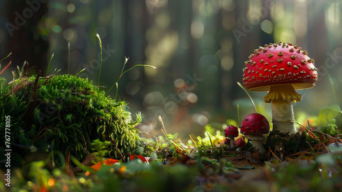 A toxic red mushroom in the forest beside a tiny mushroom offspring.