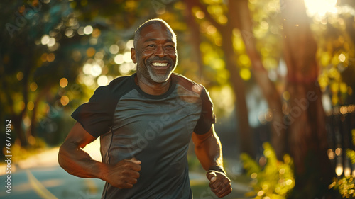 Smiling middle-aged man enjoying a sunny morning run in the park.