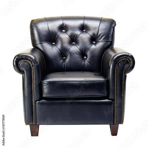 Black leather luxury armchair isolated on transparent background. Png furniture elements for interior design.