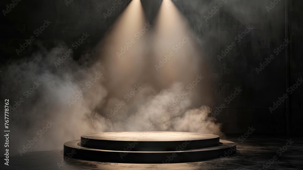 display product podium in dark room, with the lights shine on top and smoke 