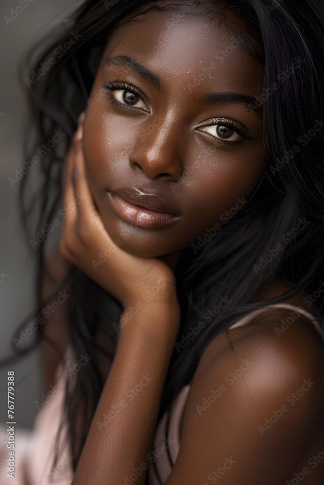 Closeup black skin African American woman portrait Closeup black skin African American woman portrait