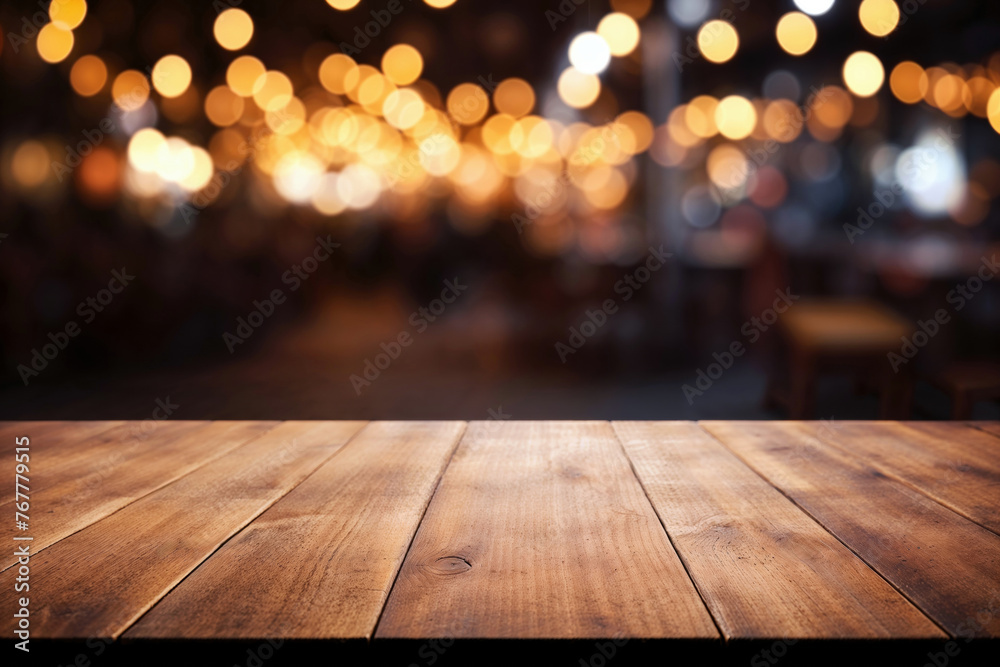 A wooden table in front of a restaurant with a bokeh background. High quality photo A wooden table in front of a restaurant with a bokeh background. High quality photo
