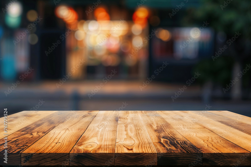 An empty wooden table in front of a blurred background of a restaurant entrance. High quality photo An empty wooden table in front of a blurred background of a restaurant entrance. High quality photo