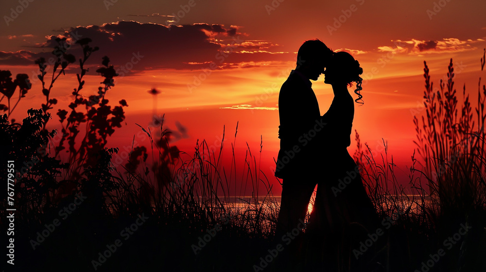 A couple's silhouette embraces in the sunse.
