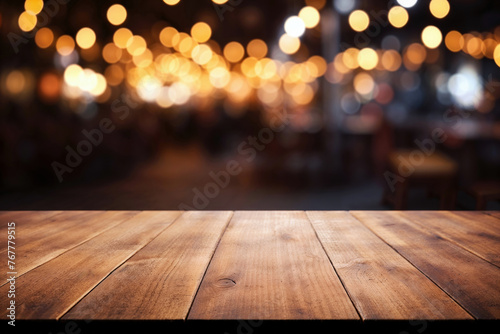 A wooden table in front of a restaurant with a bokeh background. High quality photo