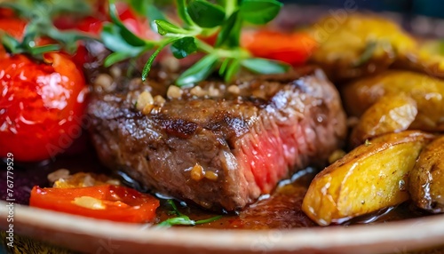 Delicious grilled fillet beef steak served with tomatoes and roast vegetables 