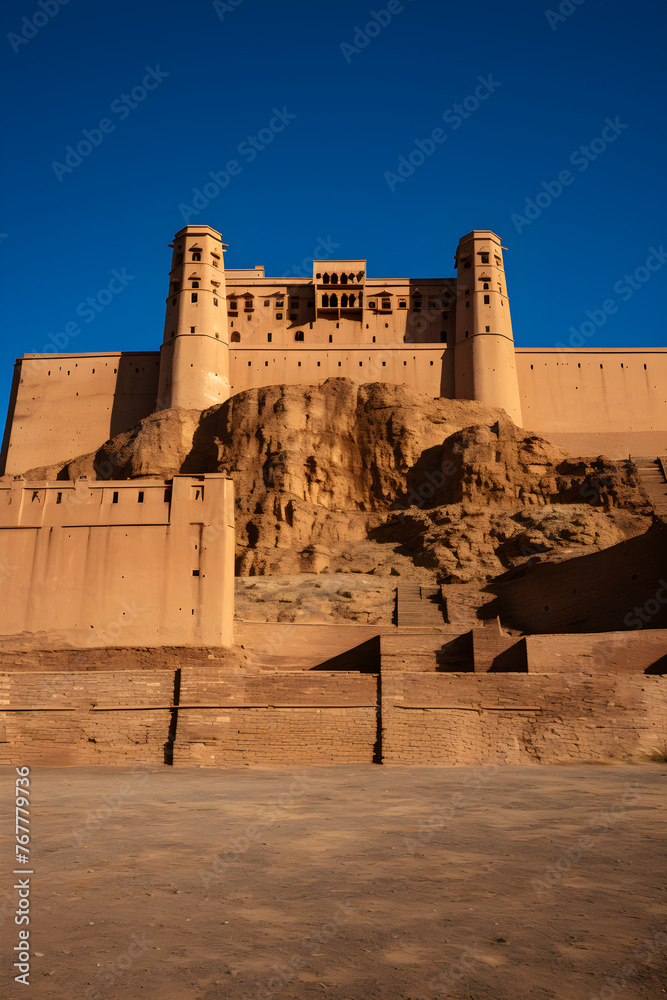 The Impressive Fortress: An Awe-inspiring View of a Timeless Citadel against a Blue Sky