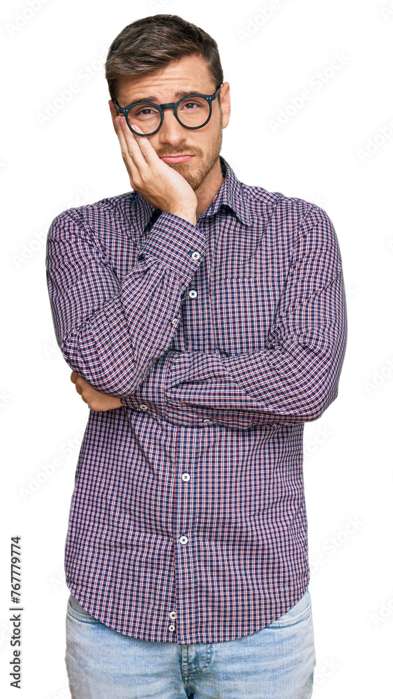 Handsome caucasian man wearing casual clothes and glasses thinking looking tired and bored with depression problems with crossed arms. - obrazy, fototapety, plakaty 