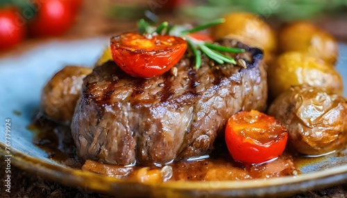 Delicious grilled fillet beef steak served with tomatoes and roast vegetables 