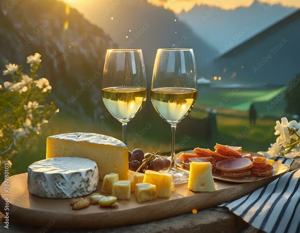 Fototapeta premium Picnic with white wine served outside with cheese and charcuterie, sunset light
