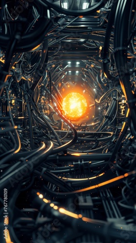 A maze of twisted cables and wires leading to a glowing data core at the center