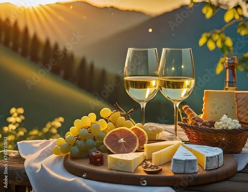 Picnic with white wine served outside with cheese and charcuterie  sunset light