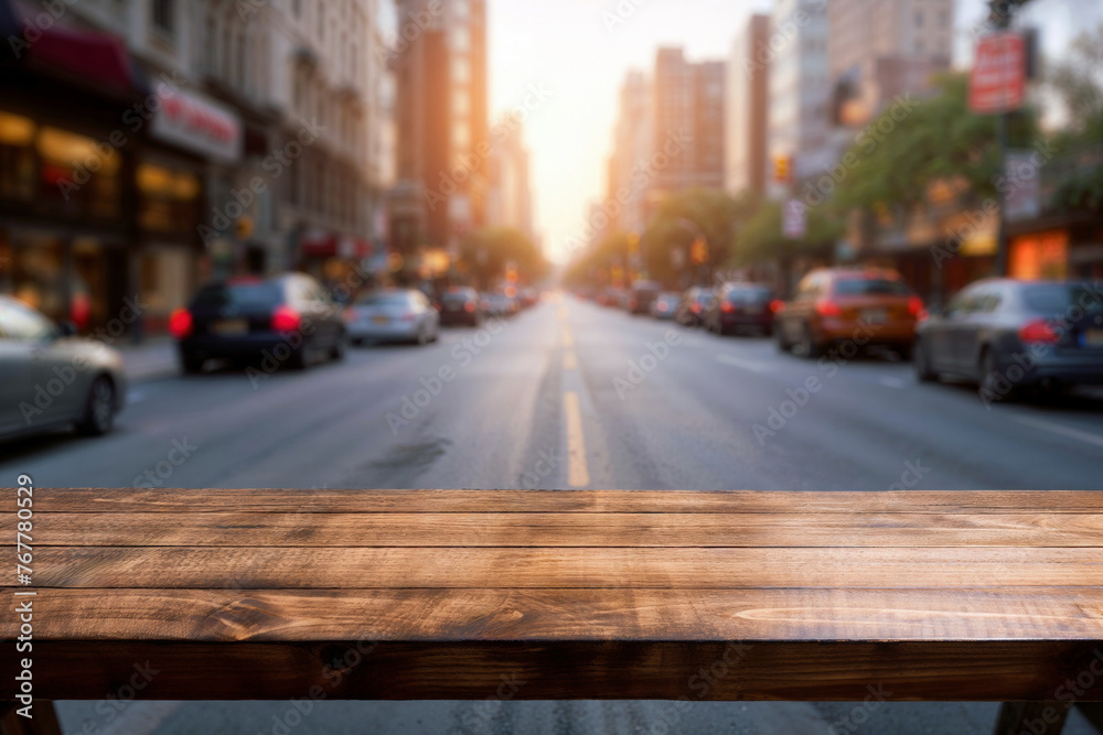 An empty wooden table with a blurred city street in the background. High quality photo