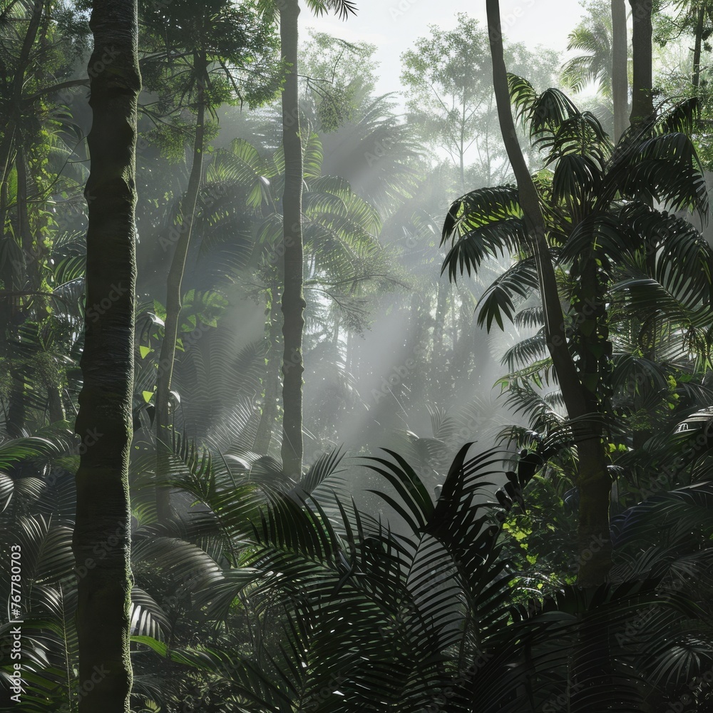Mist lingering among towering trees in a tropical rainforest