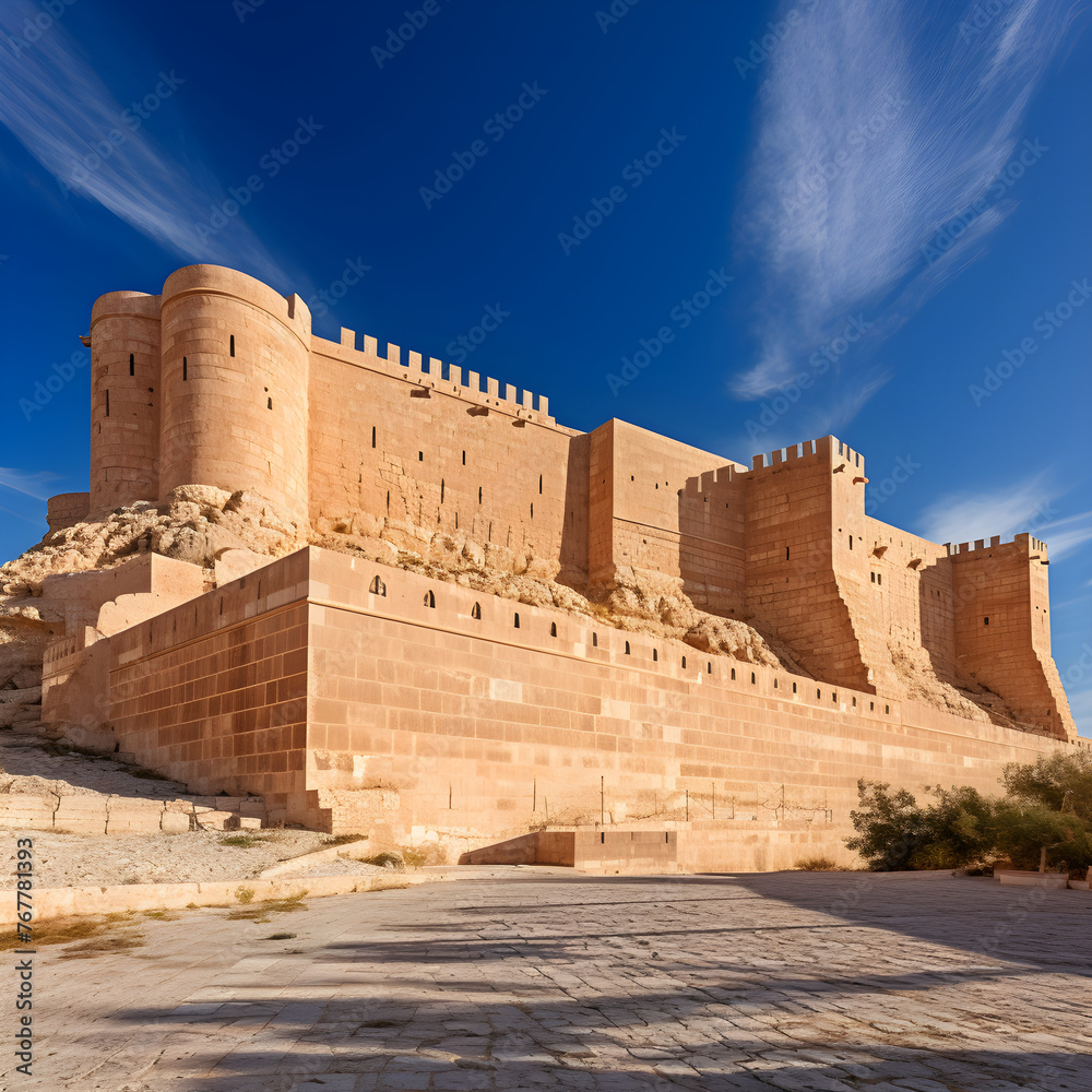 The Impressive Fortress: An Awe-inspiring View of a Timeless Citadel against a Blue Sky