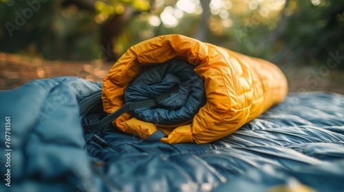 A yellow sleeping bag is laying on a blue blanket