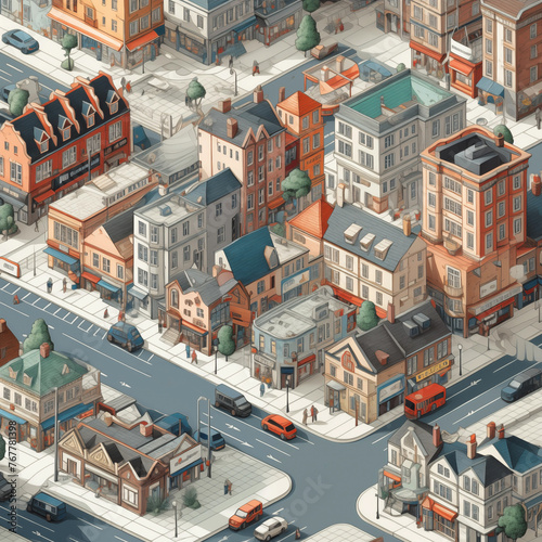 3d isometric view of the city. houses, skyscrapers, buildings, built and supermarkets with streets and traffic.