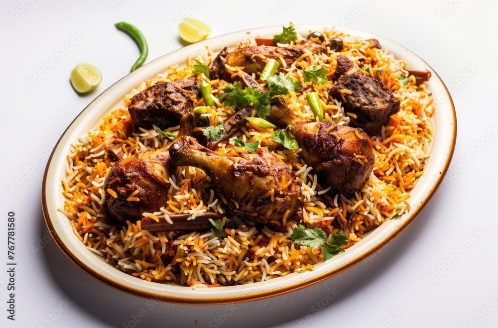 roughly shaped biryani with chicken and lamb in an oval plate