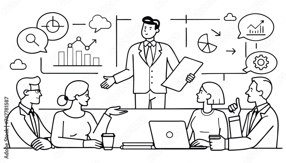 Business briefing concept one line contunuous line art black and white hand drawing vector illustration