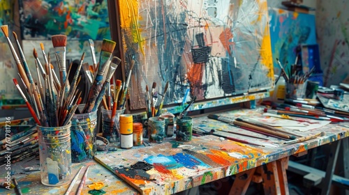 A cluttered artists desk covered in colorful paintbrushes, scattered sketches, and a vibrant abstract painting in progress