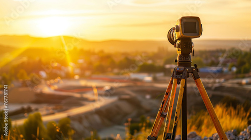 A close-up of surveyors equipment set up on a tripod, overlooking a vast construction landscape bathed in golden afternoon light photo